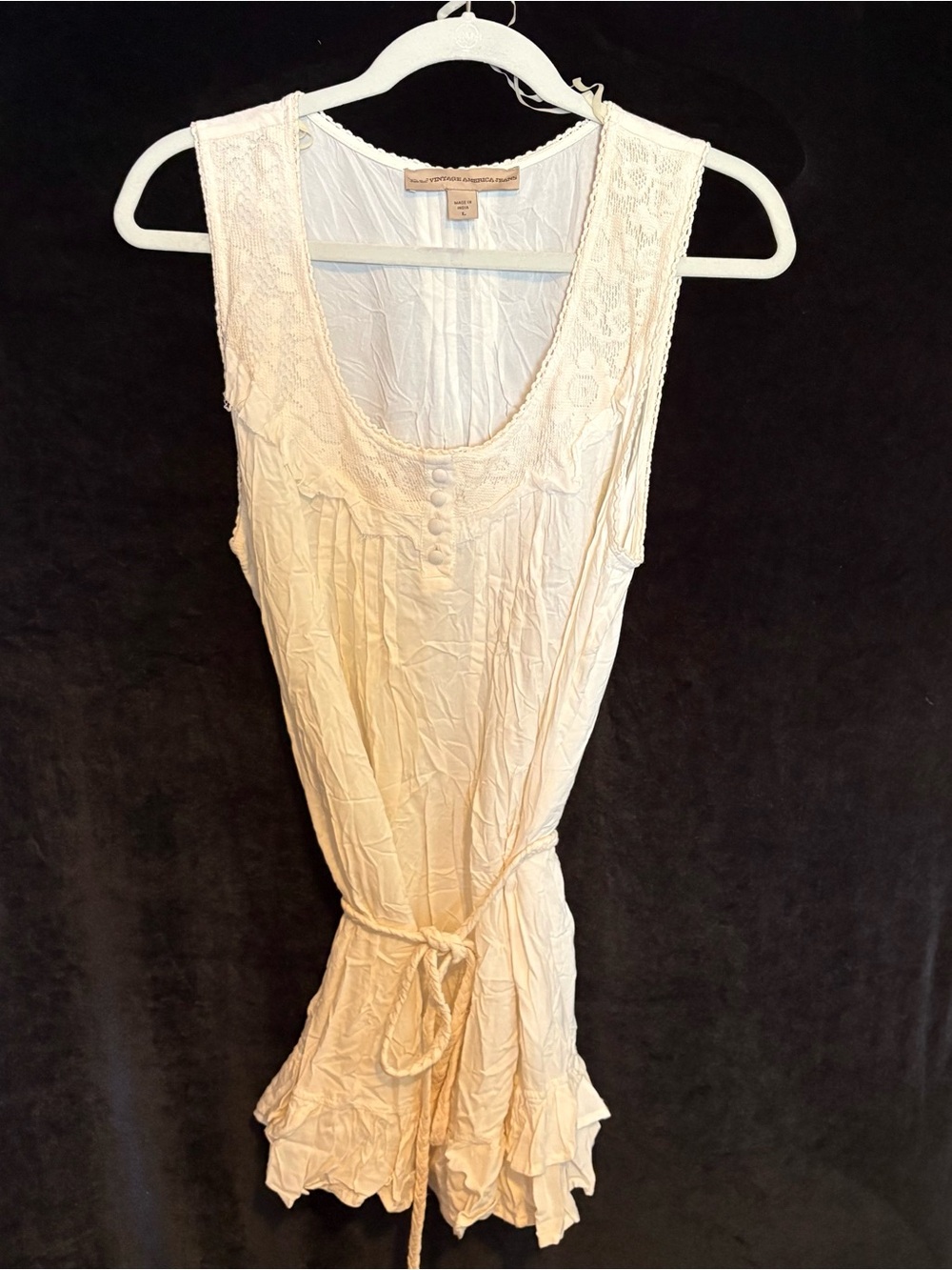 Vintage America Cream Lace-Trim Tank with Tie Waist